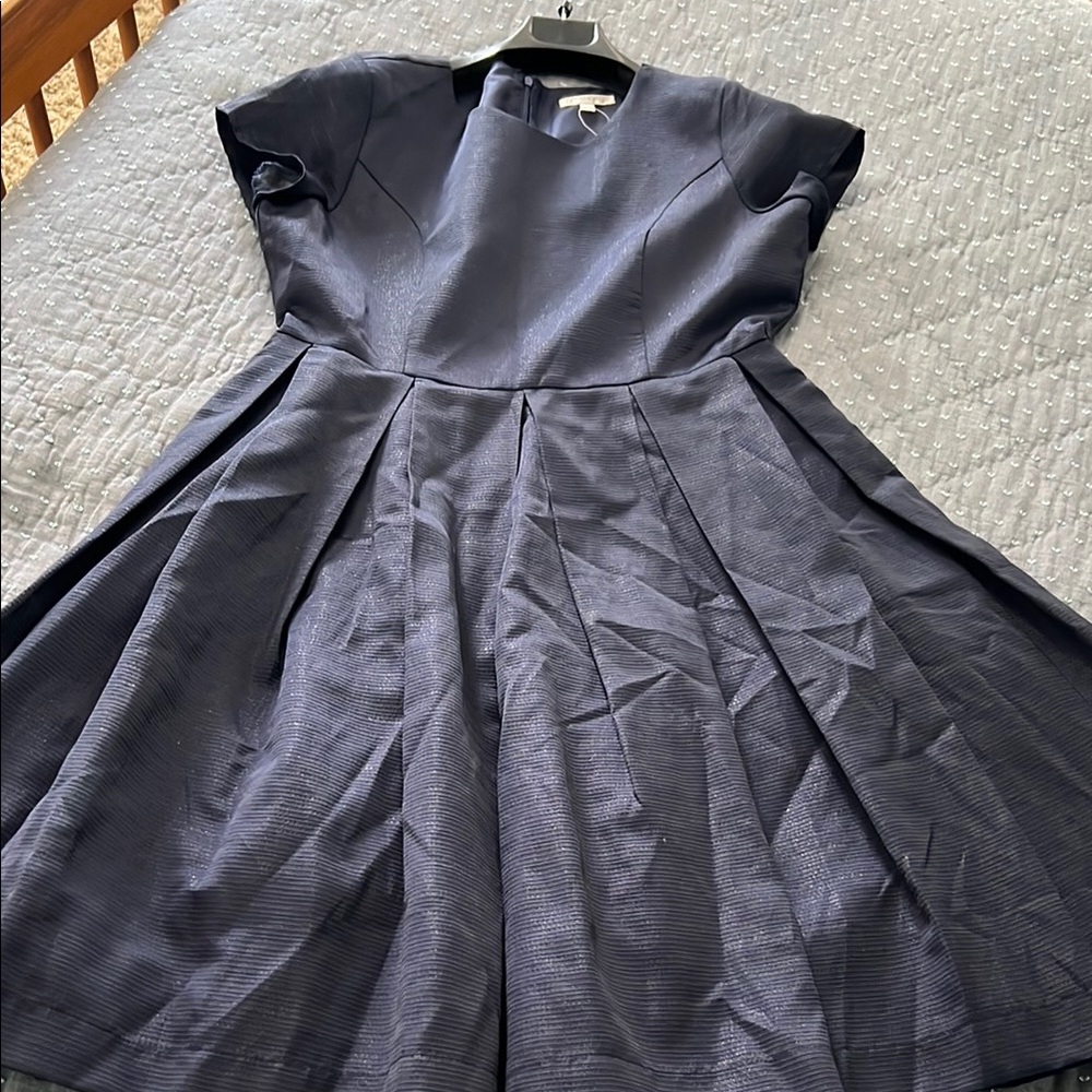 Downeast Navy Blue Women's Dress Lg Large short sleeve Box Pleats tiny Shimmer